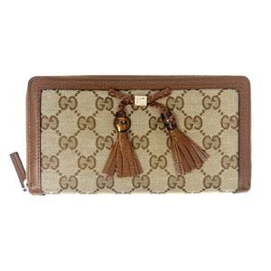 Gucci GG canvas bamboo tassel wallet brown zip-around leather trim
